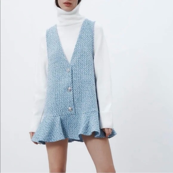 ZARA Tweed Ruffled Texture Pinafore Dress White Blue Sleeveless Mini Buttons New - Picture 1 of 15